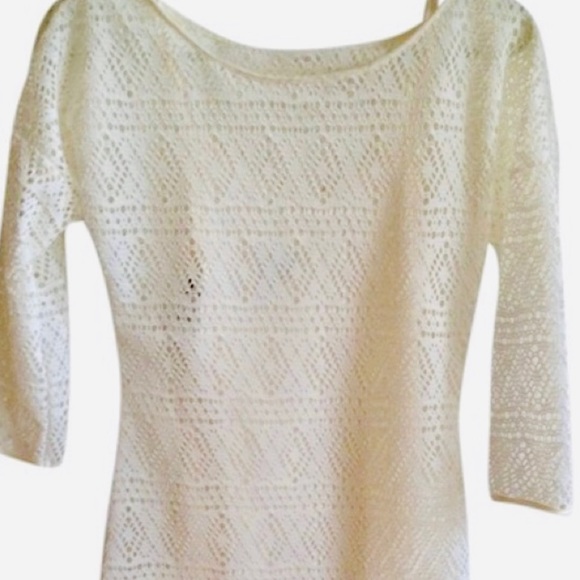 EXPRESS Crochet Eyelet White &‎ Cream Quarter Sleeved Lined Dress SZ SMALL EUC - Picture 8 of 8
